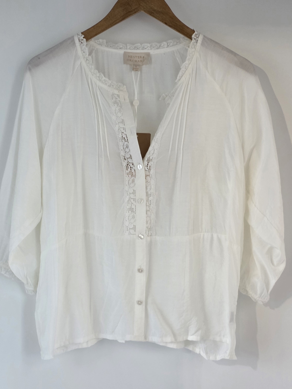 Hester & Orchard White Lace-Trim Button Up 3/4 Sleeve Blouse Womens Size Small